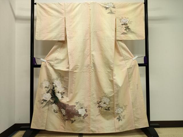 平和屋着物▽訪問着 単衣 紬地 作家物 手描き 孔雀花文 正絹 逸品 CAAV8949gh