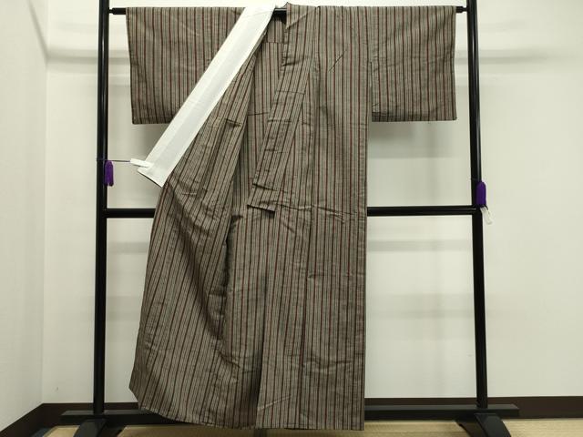 平和屋着物▽上質な紬 単衣 縞 正絹 逸品 CAAV8994gh