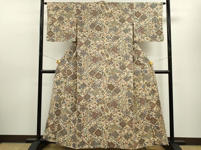 平和屋着物▽上質な小紋 単衣 切嵌舞蝶花鳥文 正絹 逸品 CAAV9436ze