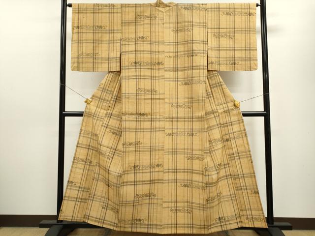 平和屋着物▽上質な紬 単衣 格子花唐草文 正絹 逸品 CAAV9441ze