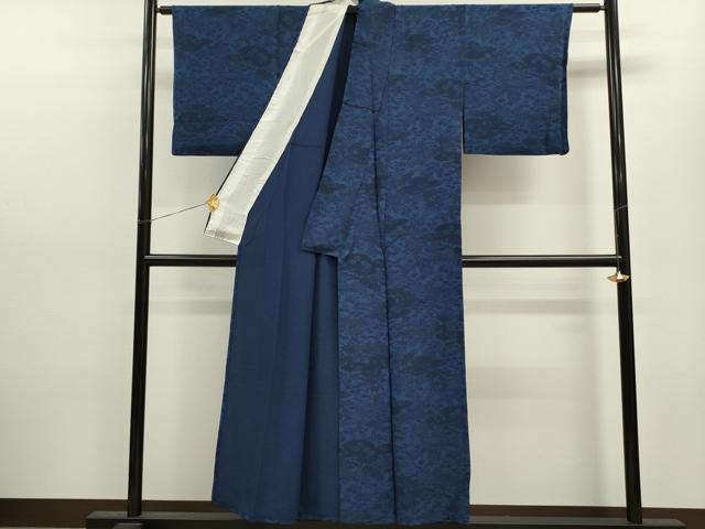 平和屋着物▽上質な小紋 単衣 藍 型染め 雲取り草花文 正絹 逸品 CAAV9449ze