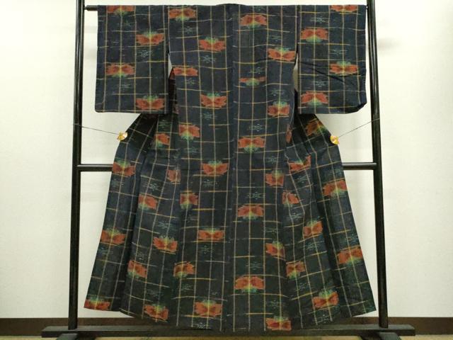 平和屋着物▽上質な紬 単衣 格子舞蝶文 正絹 逸品 CAAV9467ze