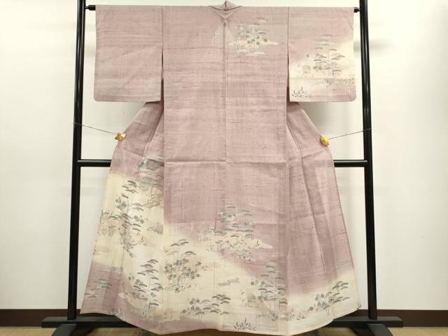 平和屋着物▽訪問着 単衣 生紬 霞松竹梅風景文 正絹 逸品 CAAV9481ze