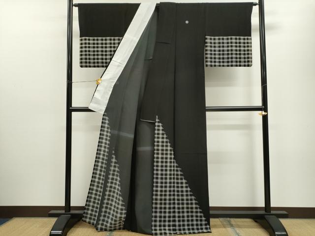 平和屋着物▽訪問着 単衣 格子柄 黒地 洗える着物 CAAV9483ze