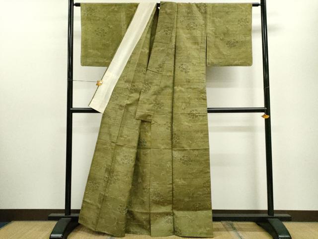 平和屋着物▽上質な紬 単衣 花唐草鳥文 正絹 逸品 CAAV9486ze
