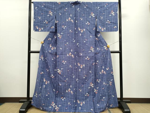 平和屋着物▽小紋 単衣 流水草花舞蝶文 洗える着物 CAAV9543ze