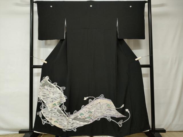 平和屋着物■豪華黒留袖 絵巻飛鶴立波文 金彩 正絹 逸品 CAAW0148ev