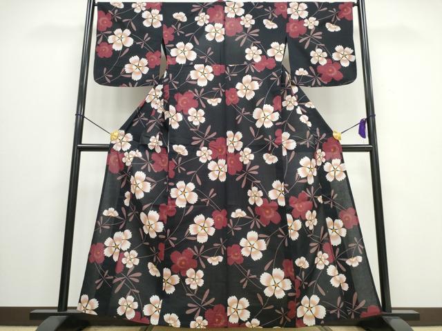 平和屋着物∴夏物 浴衣 草花文 黒地 綿 逸品 CAAW0940ng