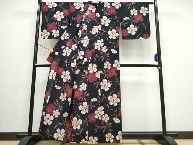 平和屋着物∴夏物 浴衣 草花文 黒地 綿 逸品 CAAW0940ng
