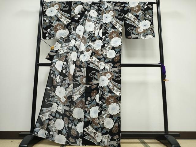 平和屋着物∴夏物 浴衣 綿紅梅 束ね熨斗吉祥花文 黒地 綿 逸品 CAAW0954ng