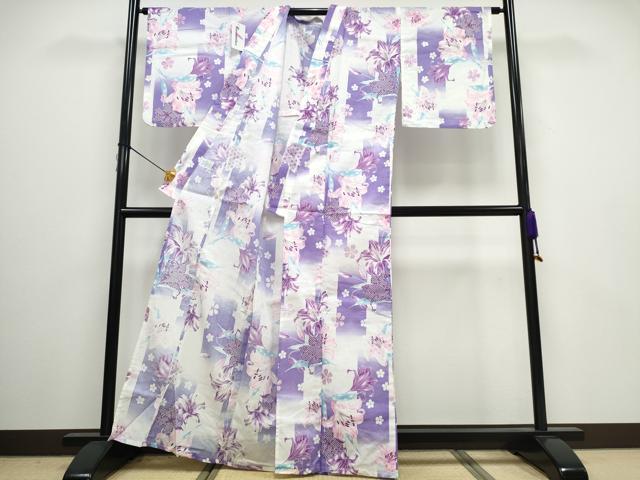 平和屋着物∴夏物 浴衣・つけ帯・下駄セット 綿紅梅 百合 ラメ系 逸品 未使用 CAAW0961ng