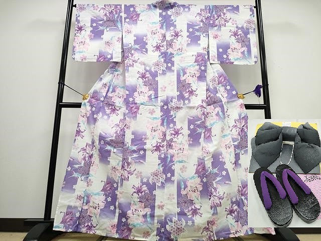 平和屋着物∴夏物 浴衣・つけ帯・下駄セット 綿紅梅 百合 ラメ系 逸品 未使用 CAAW0961ng