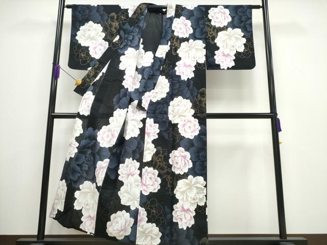 平和屋着物∴夏物 ファッションデザイナー HIROKO KOSHINO コシノヒロコ 浴衣 牡丹 黒地 金彩 綿 逸品 CAAW1050ng
