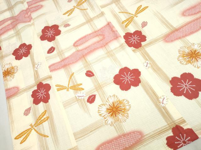 平和屋着物∴夏物 浴衣 綿紅梅 トンボ 蜻蛉 エ霞舞花文 綿 逸品 CAAW1053ng