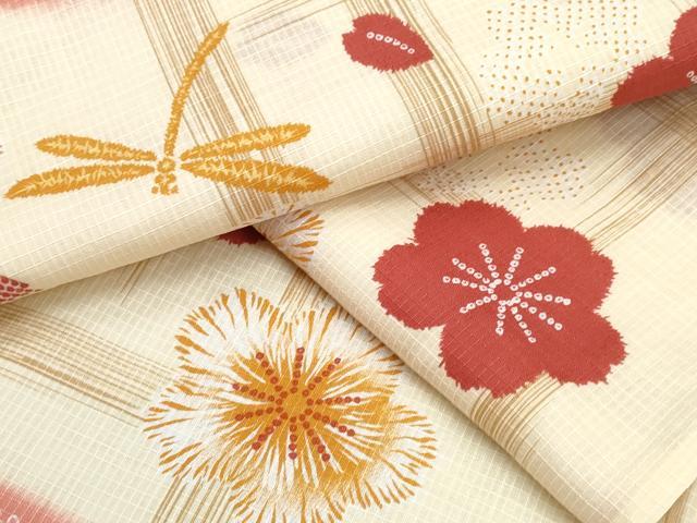 平和屋着物∴夏物 浴衣 綿紅梅 トンボ 蜻蛉 エ霞舞花文 綿 逸品 CAAW1053ng