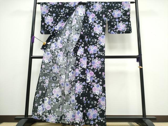 平和屋着物∴夏物 浴衣 綿紅梅 花丸文 黒地 銀彩 綿 逸品 CAAW1058ng