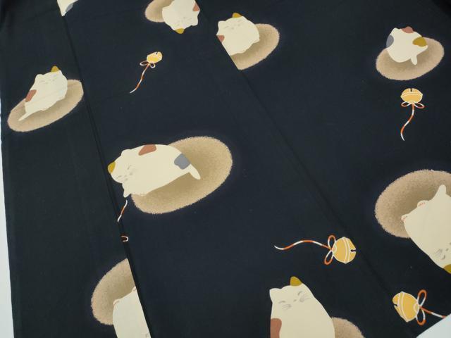 平和屋着物∴夏物 浴衣 鈴 猫 黒地 綿 逸品 CAAW1104ng