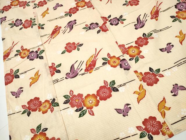 平和屋着物∴夏物 浴衣 綿紅梅 型染め 舞花鳥文 綿 逸品 CAAW1115ng