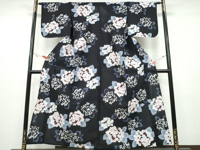 平和屋着物∴夏物 浴衣 紫陽花 黒地 金彩 綿 逸品 未使用 CAAW1164ng