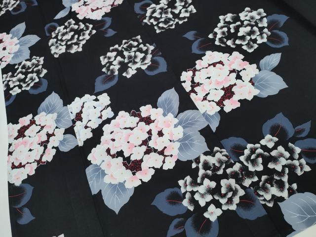 平和屋着物∴夏物 浴衣 紫陽花 黒地 金彩 綿 逸品 未使用 CAAW1164ng