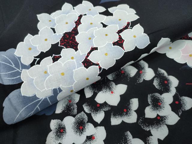 平和屋着物∴夏物 浴衣 紫陽花 黒地 金彩 綿 逸品 未使用 CAAW1164ng