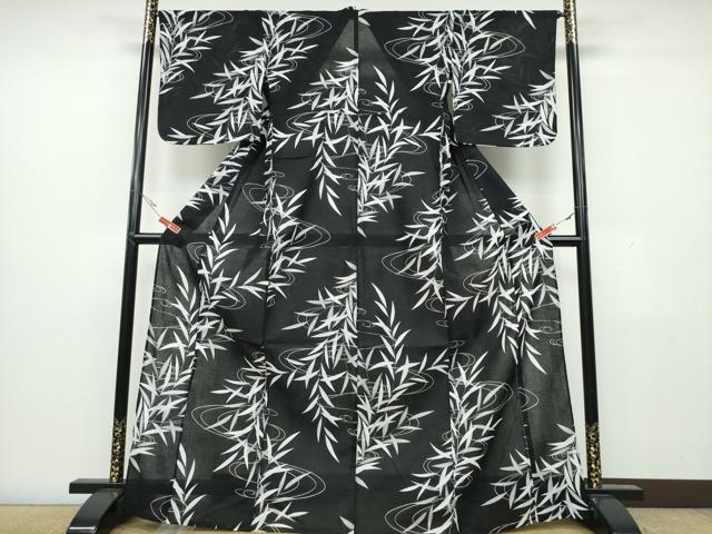平和屋着物∴夏物 浴衣 流水笹文 黒地 綿 逸品 CAAW1170ng