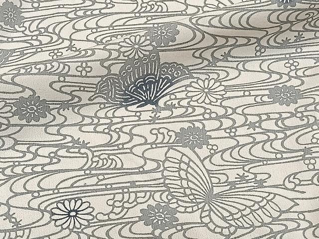 平和屋着物▽上質な小紋 単衣 型染め 流水花蝶文 正絹 逸品 CAAW1207xi