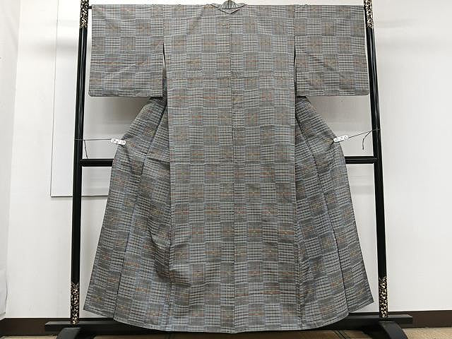 平和屋着物▽上質な紬 単衣 格子柄 正絹 逸品 CAAW1209xi