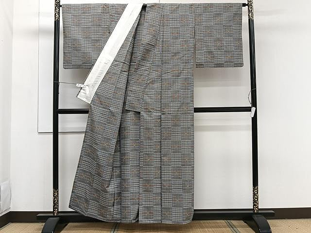 平和屋着物▽上質な紬 単衣 格子柄 正絹 逸品 CAAW1209xi