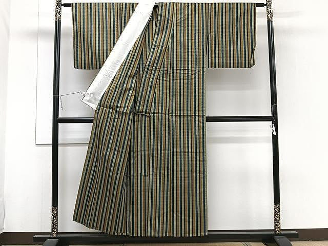 平和屋着物▽上質な紬 単衣 縞 正絹 逸品 CAAW1223xi