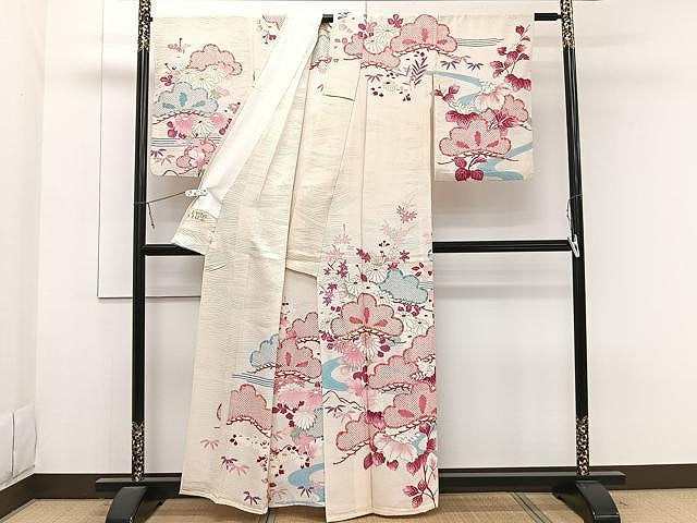 平和屋着物▽訪問着 単衣 駒刺繍 流水草花文 金彩 正絹 逸品 CAAW1234xi