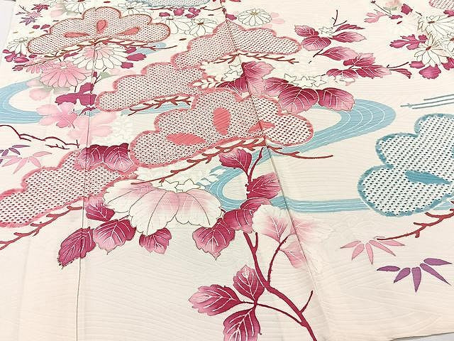 平和屋着物▽訪問着 単衣 駒刺繍 流水草花文 金彩 正絹 逸品 CAAW1234xi