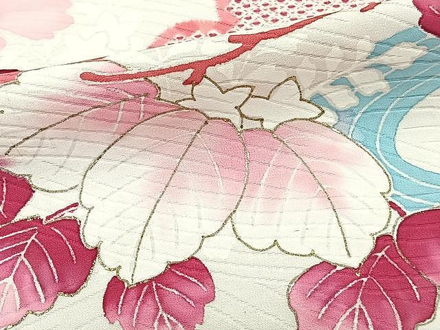 平和屋着物▽訪問着 単衣 駒刺繍 流水草花文 金彩 正絹 逸品 CAAW1234xi