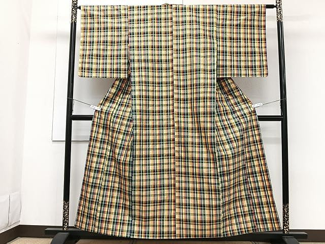 平和屋着物▽上質な紬 単衣 花織 格子柄 正絹 逸品 CAAW1332xi