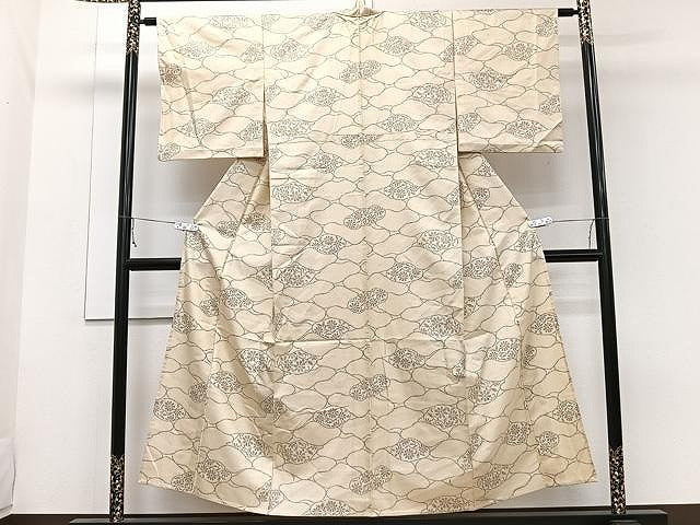 平和屋着物▽上質な紬 単衣 花唐草文 正絹 逸品 CAAW1335xi
