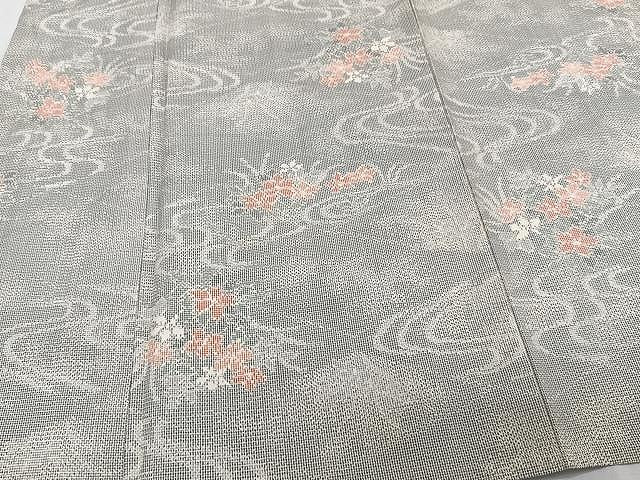 平和屋着物▽上質な紬 単衣 流水草花文 正絹 逸品 CAAW1336xi