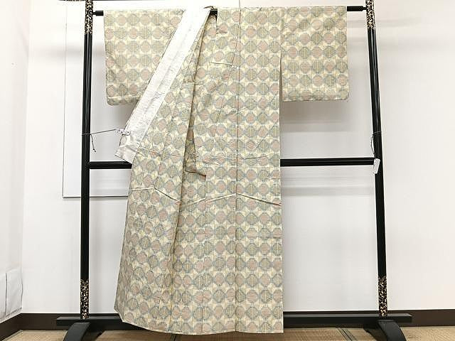平和屋着物▽上質な紬 単衣 幾何学文 正絹 逸品 CAAW1346xi
