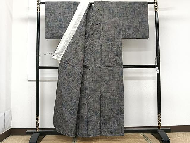 平和屋着物▽上質な紬 単衣 幾何学文 正絹 逸品 CAAW1358xi