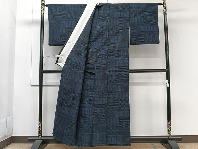平和屋着物▽上質な紬 単衣 幾何学文 正絹 逸品 CAAW1365xi