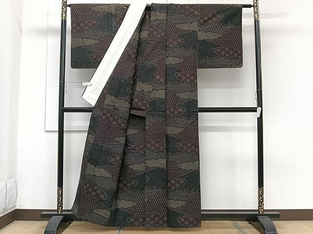 平和屋着物▽上質な紬 単衣 雲取り吉祥文 正絹 逸品 CAAW1378xi