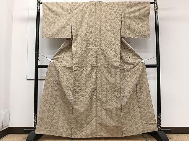 平和屋着物▽上質な紬 単衣 麻の葉文 正絹 逸品 CAAW1397xi