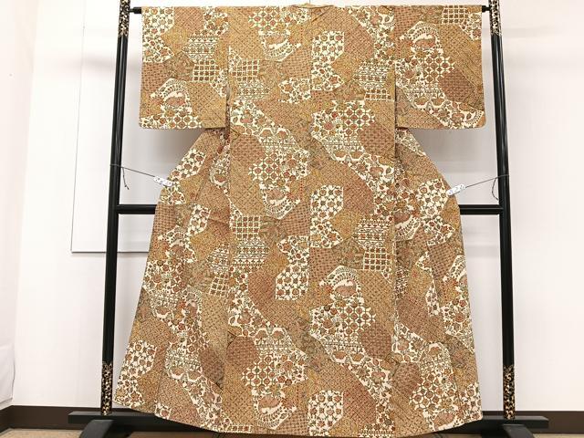 平和屋着物▽上質な小紋 単衣 型染め 更紗花鳥文 正絹 逸品 CAAW1533xi