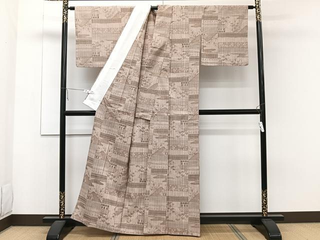 平和屋着物▽上質な紬 単衣 風景文 正絹 逸品 CAAW1534xi