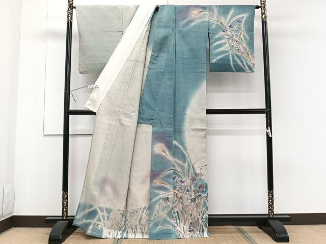 平和屋着物▽訪問着 単衣 紬地 手描き 草花文 正絹 逸品 CAAW1535xi