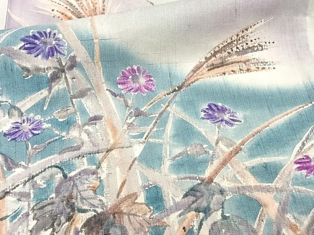 平和屋着物▽訪問着 単衣 紬地 手描き 草花文 正絹 逸品 CAAW1535xi
