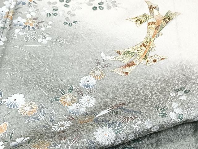 平和屋着物▽訪問着 単衣 駒刺繍 束ね熨斗草花文 暈し染め 金銀彩 正絹 逸品 CAAW1539xi