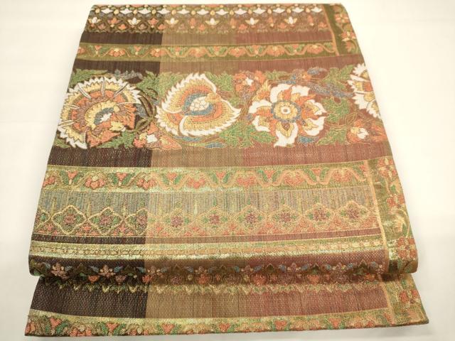 平和屋着物▼六通柄袋帯 更紗横段吉祥花鳥文 金糸 正絹 逸品 CAAW1645ak