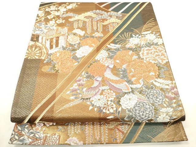 平和屋着物▼六通柄袋帯 唐織 御所車花鳥文 金糸 正絹 逸品 CAAW1647ak