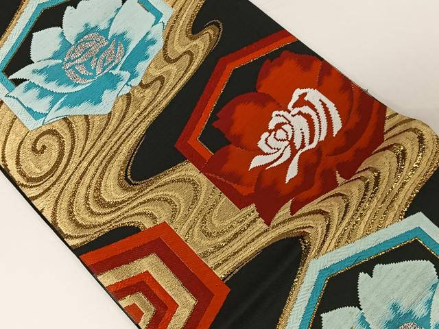 平和屋着物◎六通柄京袋帯 唐織 流水花文 黒地 金糸 正絹 逸品 CAAW2013ua