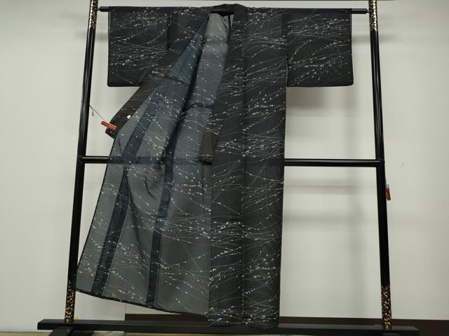 平和屋着物*夏物 小紋 絽 枝葉文 黒地 洗える着物 CAAW3135ut